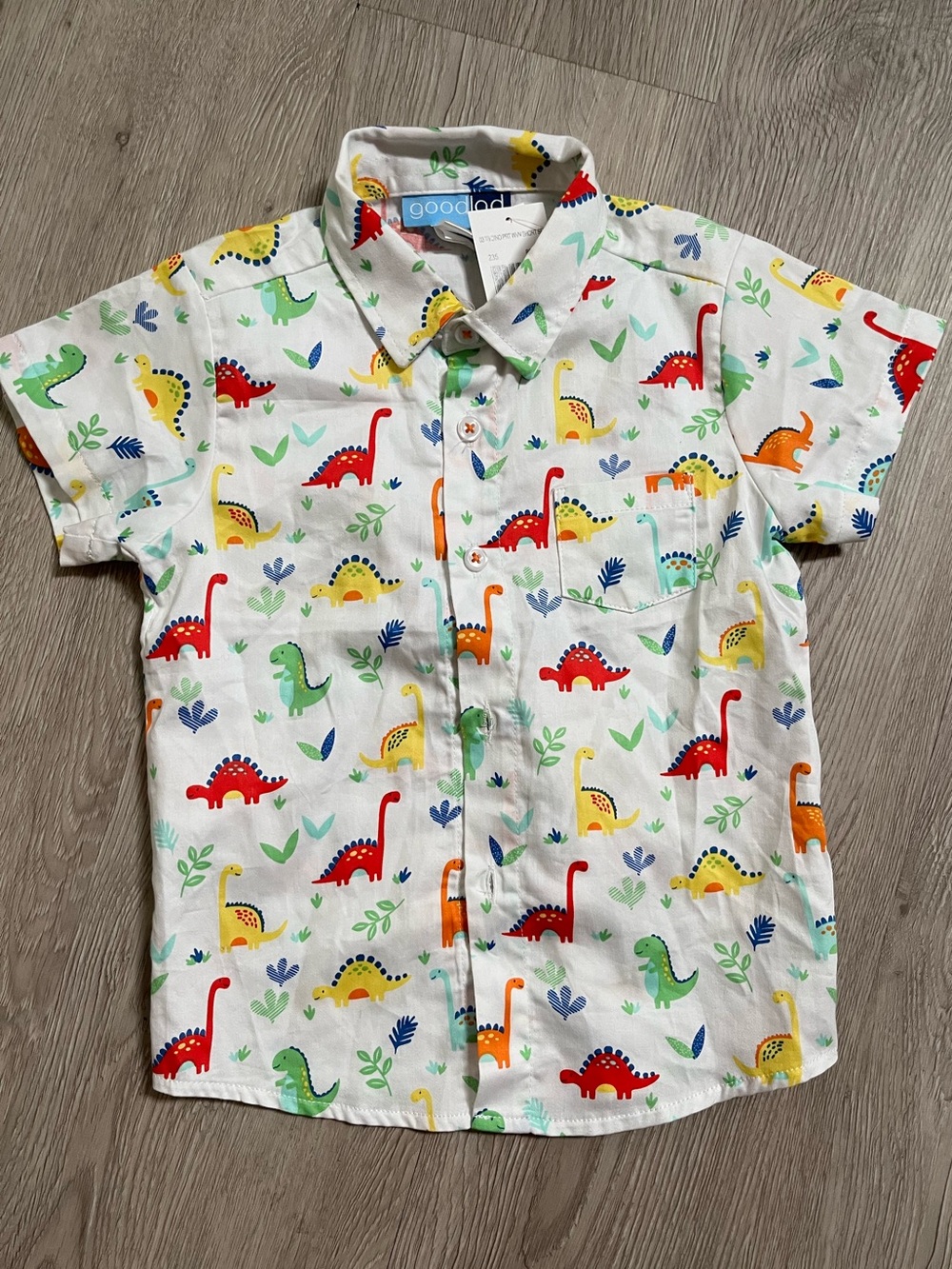 Good Lad White Short-Sleeve Button-Up Shirt with Colorful Dinosaur Print